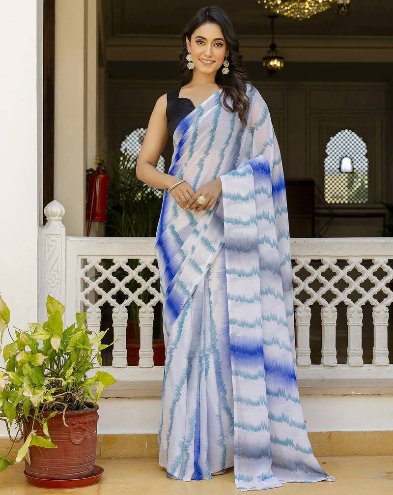 White -blue color printed georgette readymade saree with un-stitch blouse