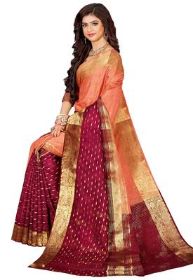 Peach & wine gold zari saree 3