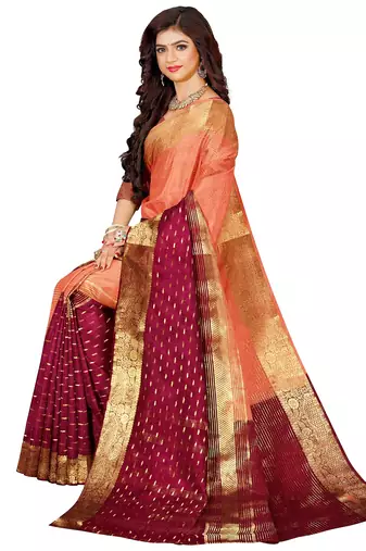 Peach & wine gold zari saree