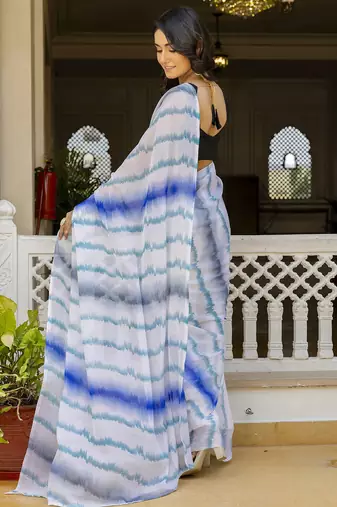 White -blue color printed georgette readymade saree with un-stitch blouse