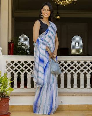 White -blue printed georgette readymade saree with un-stitch blouse 3