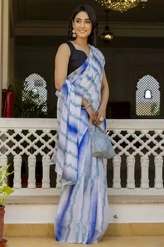 White -blue color printed georgette readymade saree with un-stitch blouse