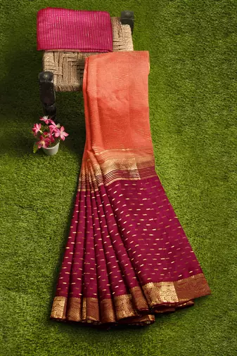 Peach & wine gold zari saree