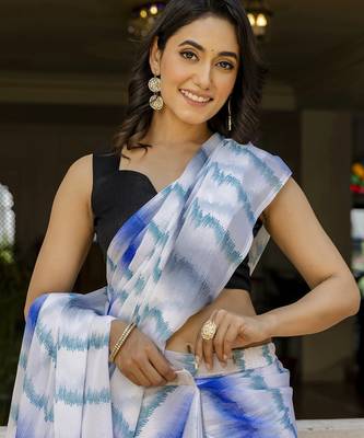 White -blue printed georgette readymade saree with un-stitch blouse 4