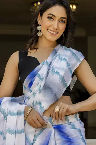White -blue color printed georgette readymade saree with un-stitch blouse
