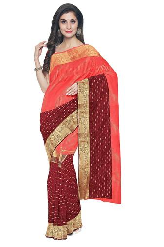 Coral pink & maroon zari saree