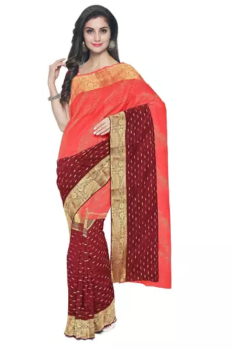 Coral pink & maroon zari saree