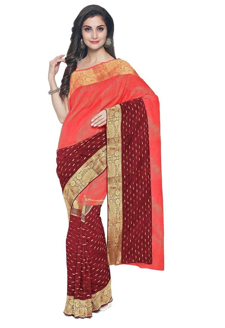 Coral pink & maroon zari saree