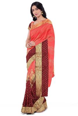 Coral pink & maroon zari saree 2