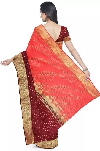 Coral pink & maroon zari saree