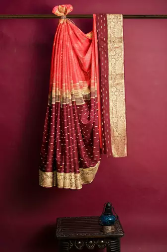 Coral pink & maroon zari saree