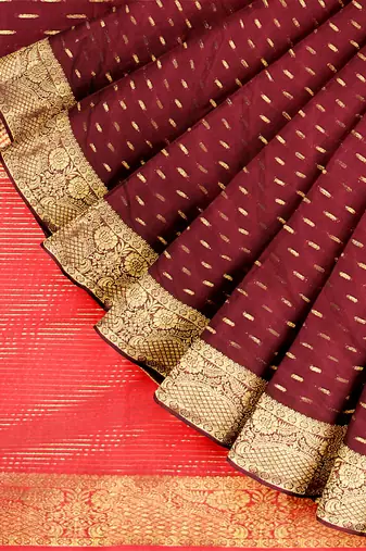 Coral pink & maroon zari saree