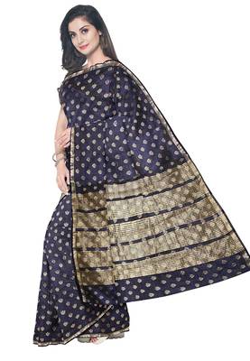 Navy blue floral zari saree 2