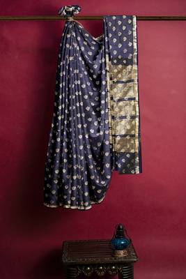 Navy blue floral zari saree 4