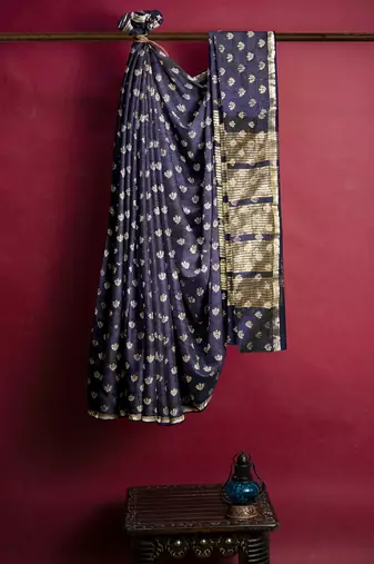 Navy blue floral zari saree