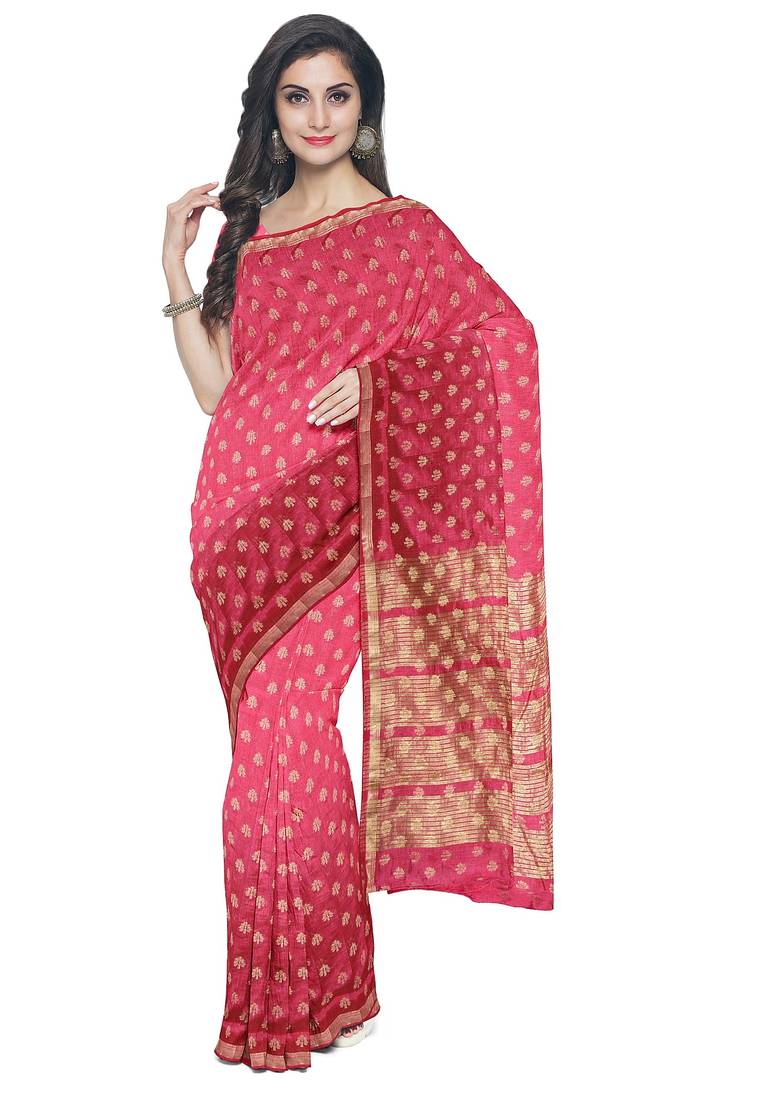 Pink floral zari woven saree
