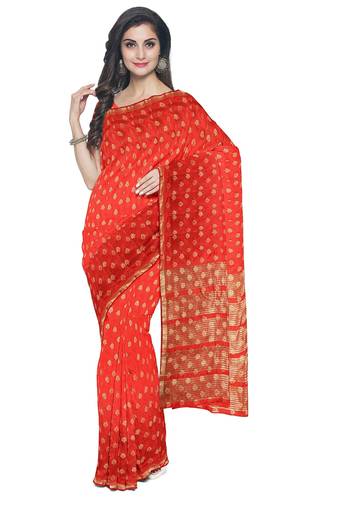 Bright red floral zari saree