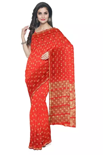 Bright red floral zari saree