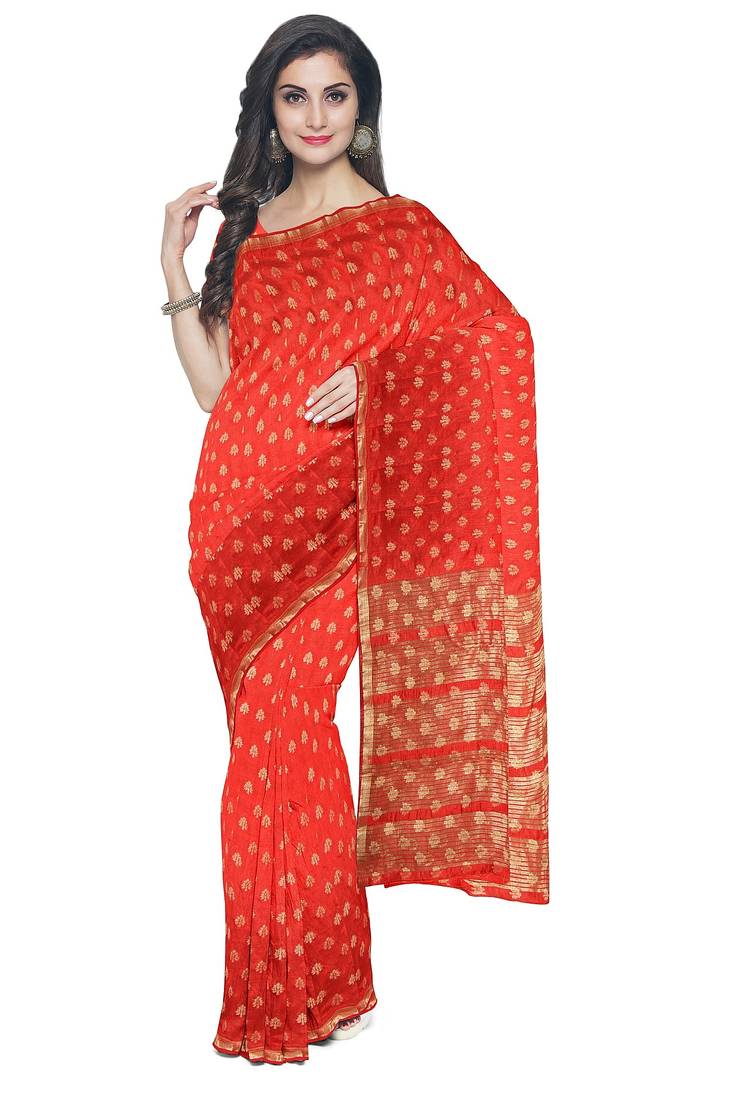 Bright red floral zari saree
