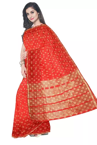 Bright red floral zari saree