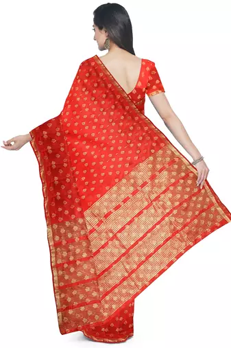 Bright red floral zari saree