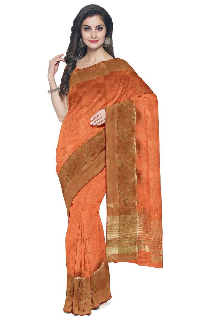 Peach orange zari border saree