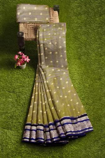 Olive green zari weave saree