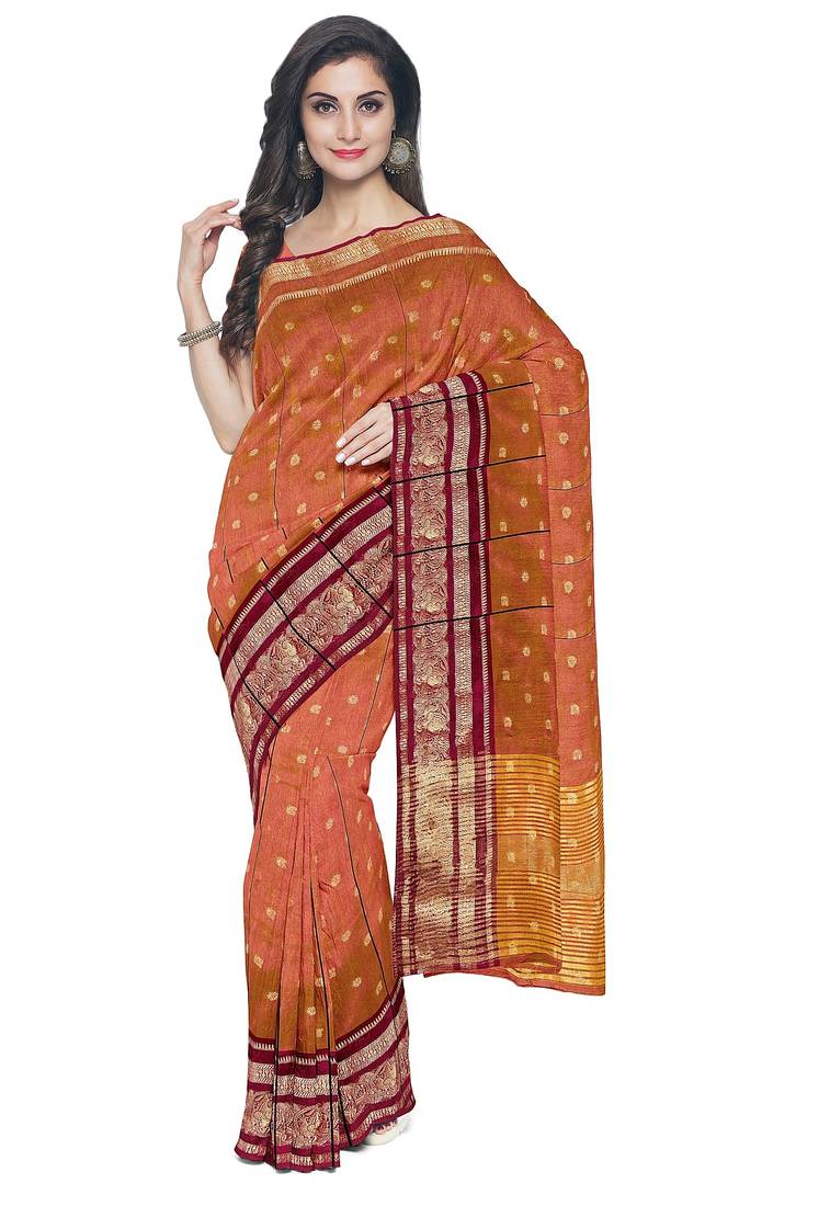 Rust orange zari border saree
