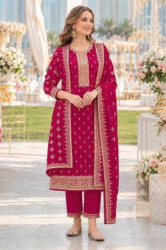Red fox georgette semi stitched suit with embroidery & sequence work