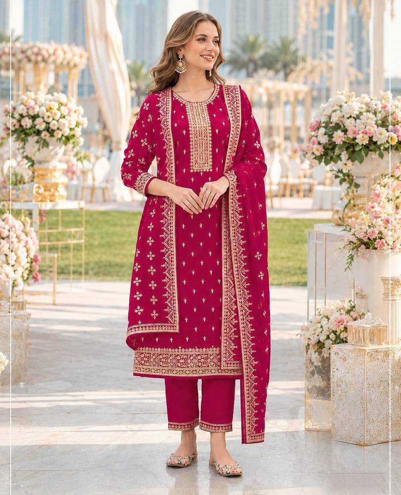 Red fox georgette semi stitched suit with embroidery & sequence work