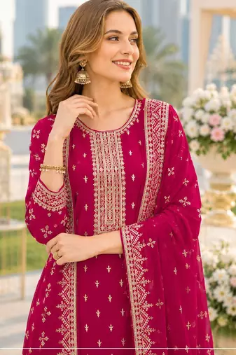 Red fox georgette semi stitched suit with embroidery & sequence work