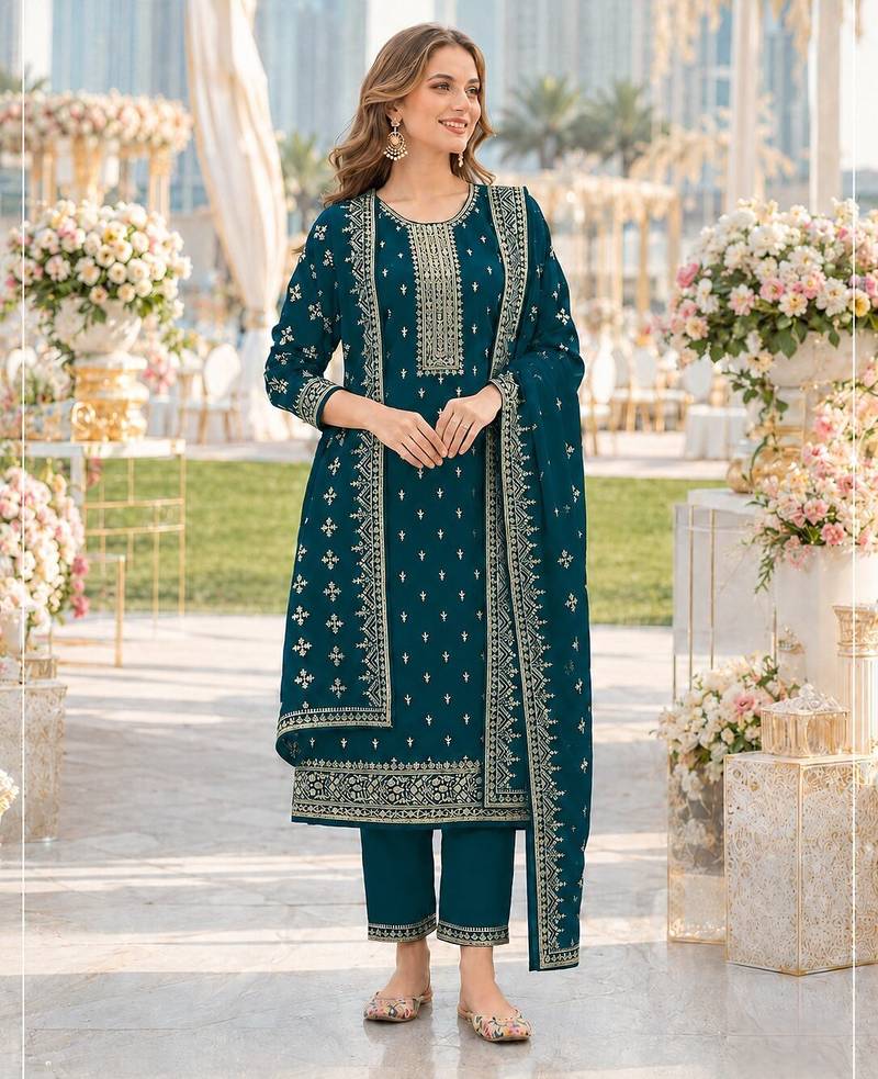 Emerald fox georgette semi stitched suit with embroidery & sequence work