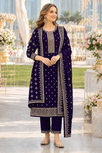 Violet fox georgette semi stitched suit with embroidery & sequence work