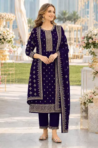 Violet fox georgette semi stitched suit with embroidery & sequence work