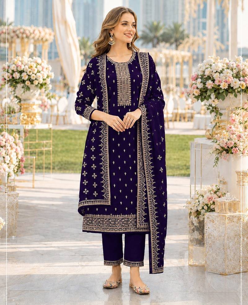 Violet fox georgette semi stitched suit with embroidery & sequence work