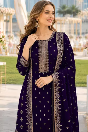 Violet fox georgette semi stitched suit with embroidery & sequence work