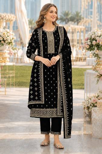 Black fox georgette semi stitched suit with embroidery & sequence work