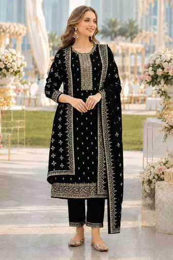 Black fox georgette semi stitched suit with embroidery & sequence work
