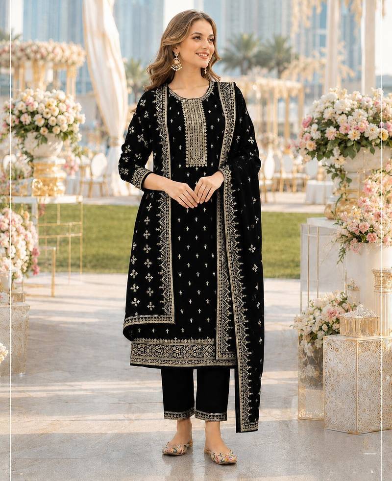 Black fox georgette semi stitched suit with embroidery & sequence work