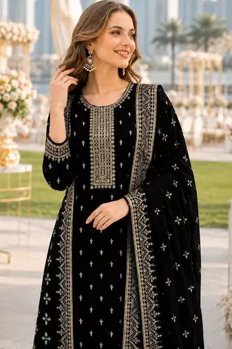 Black fox georgette semi stitched suit with embroidery & sequence work