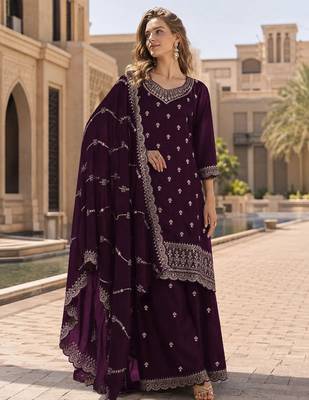 Wine faux georgette suit with embroidery work 1