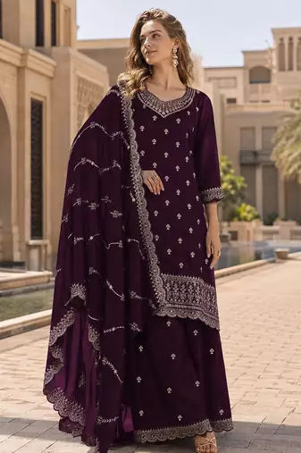 Wine faux georgette semi stitched suit with embroidery work