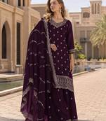Wine faux georgette semi stitched suit with embroidery work