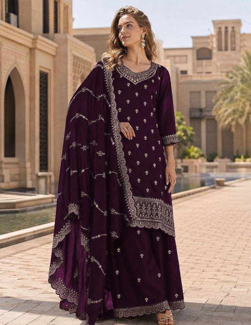 Wine faux georgette semi stitched suit with embroidery work
