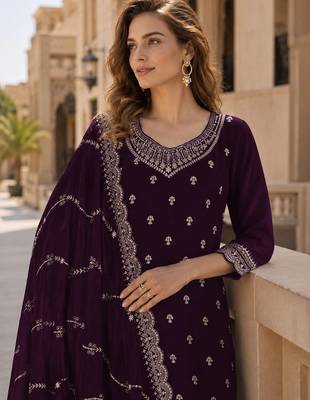 Wine faux georgette suit with embroidery work 2