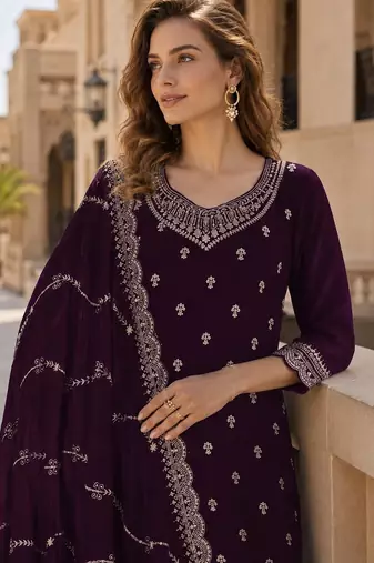 Wine faux georgette semi stitched suit with embroidery work