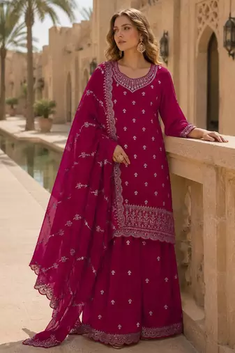 D red faux georgette semi stitched suit with embroidery work