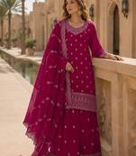 D red faux georgette semi stitched suit with embroidery work
