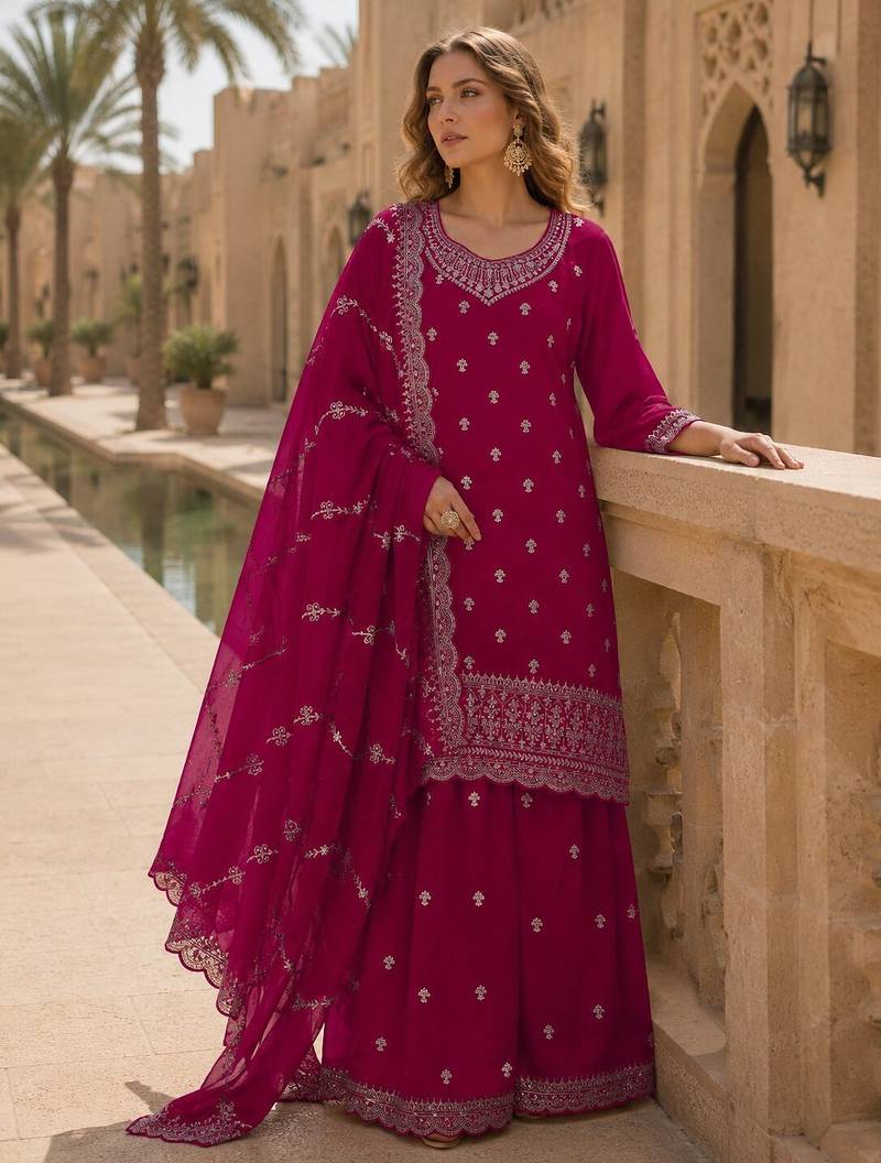 D red faux georgette semi stitched suit with embroidery work
