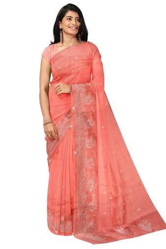 Coral pink embroidered saree